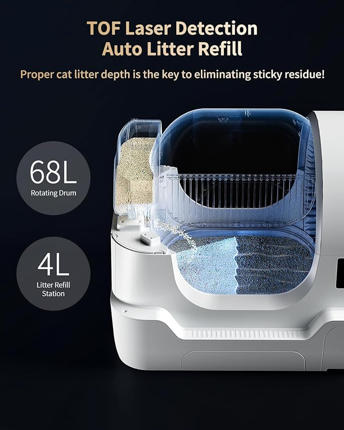 Automatic Cat Litter Box Self-Cleaning, Auto Sand Refilling, Auto Packing & Sealing, Auto Bag Replacement, One-Click Cleaning, Deodorization, APP Control, Radar Weight TOF Safety Sensors for Cats