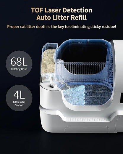 Automatic Cat Litter Box Self-Cleaning, Auto Sand Refilling, Auto Packing & Sealing, Auto Bag Replacement, One-Click Cleaning, Deodorization, APP Control, Radar Weight TOF Safety Sensors for Cats
