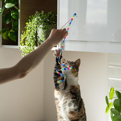 2 Pcs Interactive Cat Rainbow Wand Toys, Cat Teaser Wand and String Toy Colorful Ribbon Strong and Sturdy Pole with Small Bells for Indoor Cats and Kittens to Play Chase Exercise for Fun