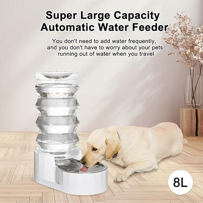 RIZZARI Gravity Dog Water Dispenser:Ion Exchange System with Activated Carbon- Helps Prevent Urinary Stones - Removes Odors -Softens Water- 8L Large Auto-Refill Stainless Steel Pet Water Waterer