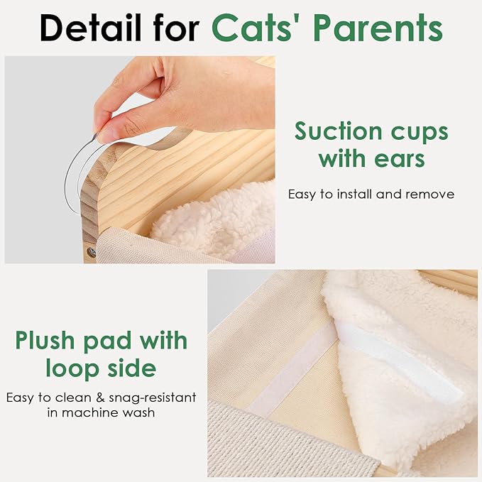 Cat Window Perch with Tall Scratching Post, 44" Adjustable Sisal Cat Tree, 33lbs Capacity Suction Cup Hammock for Indoor Cats Scratching & Watching Birds, Beige, with Detachable Cushion