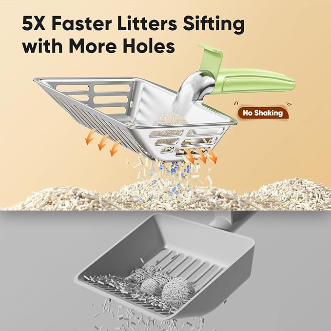 Metal Cat Litter Scoop, Large Cat Scooper with Deep Shovel & Dual Sifting Holes for Fast & Precise Sifting, Space Aluminum Kitty Litter Scooper with Long Handle & Easy-to-Hang Hook - Mint
