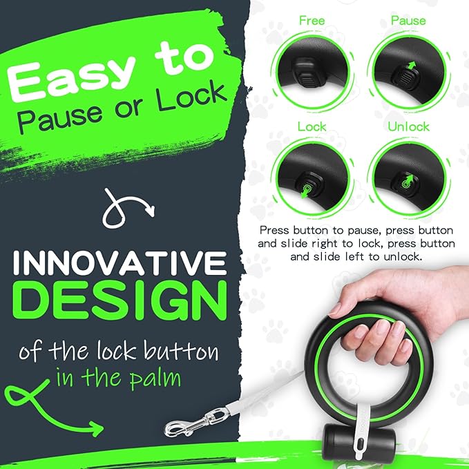 UFO Retractable Dog Leash Hands Free Wearable Dog Leash with Poop Bag Holder One-Handed Brake Pause Lock 360° Tangle Free 10ft for Up to 66lbs Medium Small Dogs (Black/Green)