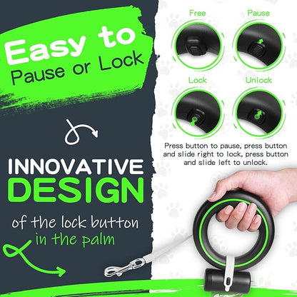 UFO Retractable Dog Leash Hands Free Wearable Dog Leash with Poop Bag Holder One-Handed Brake Pause Lock 360° Tangle Free 10ft for Up to 66lbs Medium Small Dogs (Black/Green)