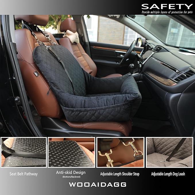 Wooaidagg Dog Car Seat for Small Dogs Up to 25 lbs,Covered Ultra-Soft Fabric and Fill in Memory Foam,Fully Detachable and Washable,2 Clip-On Safety Leashes and Storage Pockets(Black)