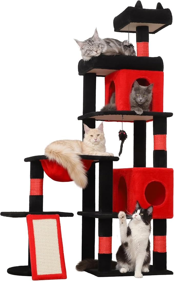 68 Inches Heavy Duty Cat Tree for Indoor Cat, Big Cat Tower with Sisal Scratching Posts and Top Perch, Large Platform for Adult Cats, PMT02RD, Black Red