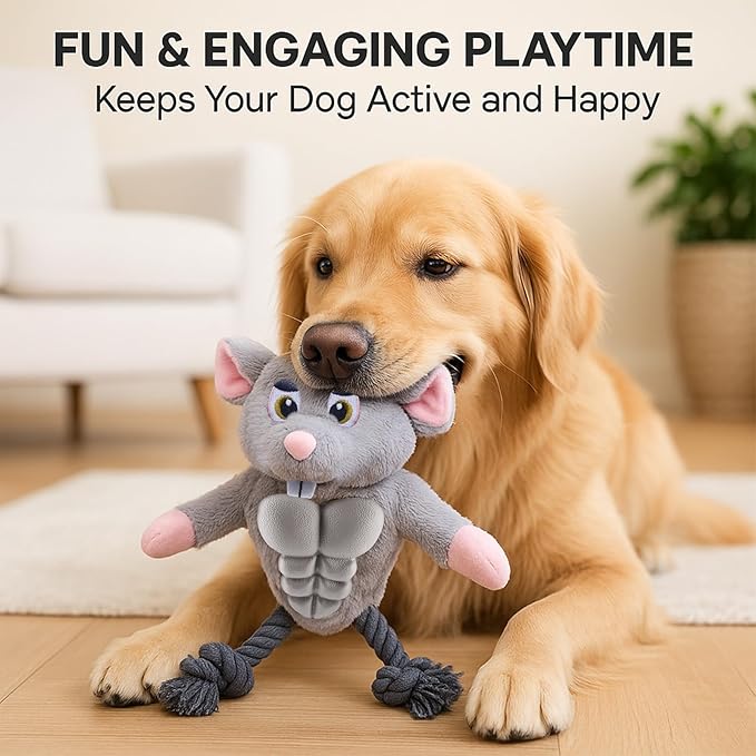 Muscle Mouse Dog Toy for Medium & Large Dogs – Plush Dog Toy with Squeaky Rubber Chest & Rope Legs, Designed for Tug, Fetch & Chewing | for Pet Use Only