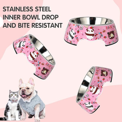 Pet Cats Dogs 2 in 1 Food Water Bowls - Non Slip Skid Proof Heavy Duty Pet Cats Dog Food Water Bowls for Feeding Drinking Small Medium Large Dogs Cats Puppies- Pink Panda-L
