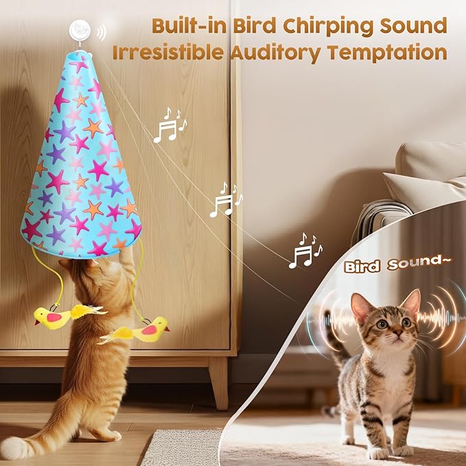 Interactive Cat Toy for Indoor Cats: 2 in1 Automatic Hide and Seek Moving Concealed Flying Bird Wand Feather with Chirping Bird Squeaky, Hanging Rechargeable Exercise Cat Toy for Kittens and Adult Cat