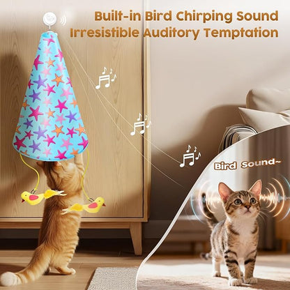Interactive Cat Toy for Indoor Cats: 2 in1 Automatic Hide and Seek Moving Concealed Flying Bird Wand Feather with Chirping Bird Squeaky, Hanging Rechargeable Exercise Cat Toy for Kittens and Adult Cat