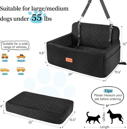 HEGGCOOE Dog Car Seat for Medium/Large Dogs, Pet Booster Seat for Under 55 lbs or 2 Small Dogs, Detachable & Washable Dog Car Bed for Backseat with 2 Safety Leashes(Black)