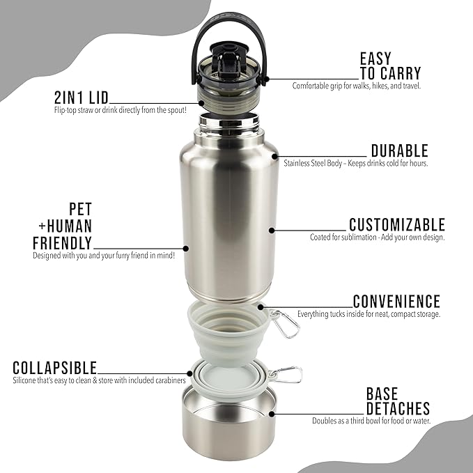 Hogg Hydro Hound, Sublimation Dog Water Bottle Bowl, Insulated Dog Water Bottle, 32 oz Insulated Stainless Steel Tumbler for Pets, Sublimation Pet Bowls - Clear (Silver)