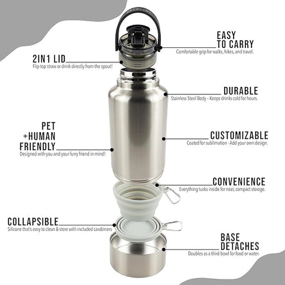 Hogg Hydro Hound, Sublimation Dog Water Bottle Bowl, Insulated Dog Water Bottle, 32 oz Insulated Stainless Steel Tumbler for Pets, Sublimation Pet Bowls - Clear (Silver)