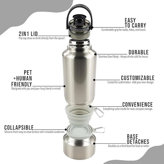 Hogg Hydro Hound, Sublimation Dog Water Bottle Bowl, Insulated Dog Water Bottle, 32 oz Insulated Stainless Steel Tumbler for Pets, Sublimation Pet Bowls - Clear (Silver)