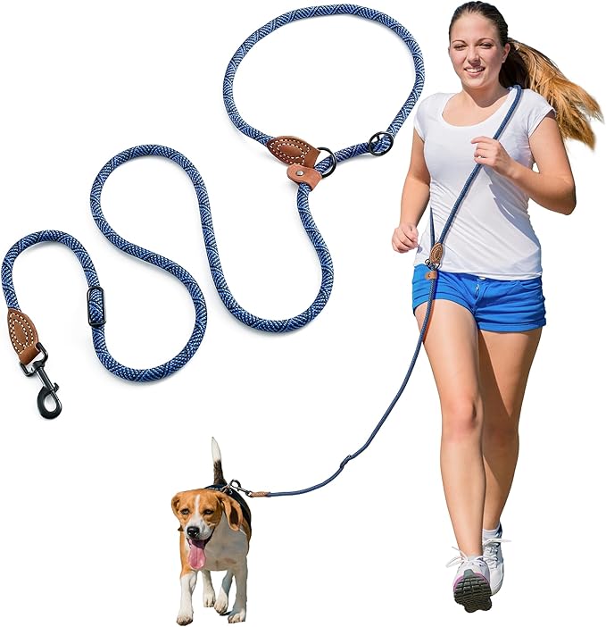 Mile High Life Hands Free Dog Leash, Crossbody Waist Leash with Genuine Leather Connection, Multifunctional Adjustable Slip Lead for Dog Walking Running (Blue, 8FT)