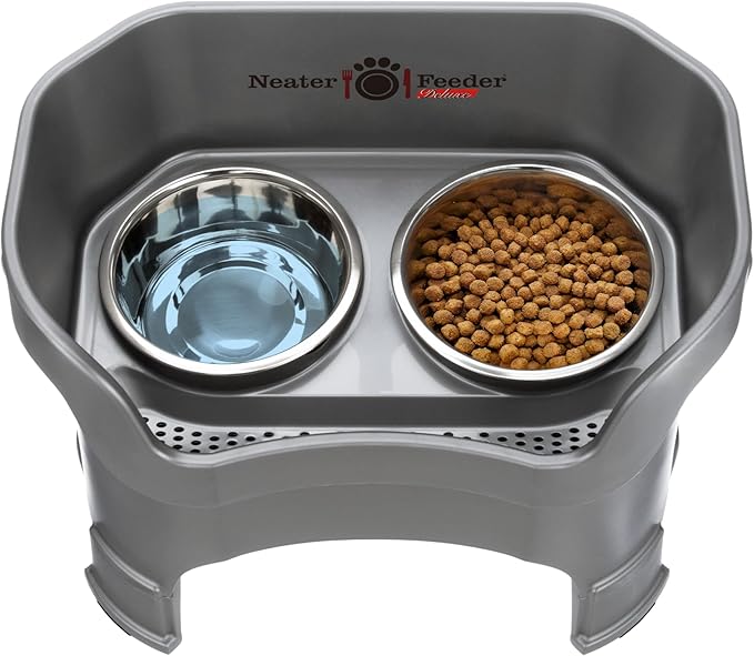 Neater Feeder Deluxe Mess-Proof Elevated Dog Bowls for Large Dogs (40+ lbs), 2 Height Adjustable (14.5” & 17.5”) No-Spill Raised Dog Bowl Stand, Stainless Steel Food Bowl Set, Made in USA, Grey