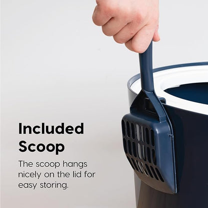 IRIS USA Large Top Entry Cat Litter Box Made in USA, Covered Enclosed Design with Lid, Litter Catching Grooved Top, Scatter Shield, Dog Proof, Scoop Included, Odor Control, Navy/White