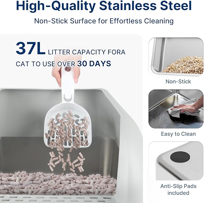 23.6"x15.7"x6" Stainless Steel Litter Box with Lid, XL Sifting Litter Box for Pine Pellets with Removable Drawer Pan for Easy Cleaning, High Sides Large Metal Litter Box System for Big Cats