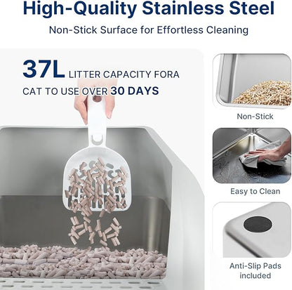 23.6"x15.7"x6" Stainless Steel Litter Box with Lid, XL Sifting Litter Box for Pine Pellets with Removable Drawer Pan for Easy Cleaning, High Sides Large Metal Litter Box System for Big Cats