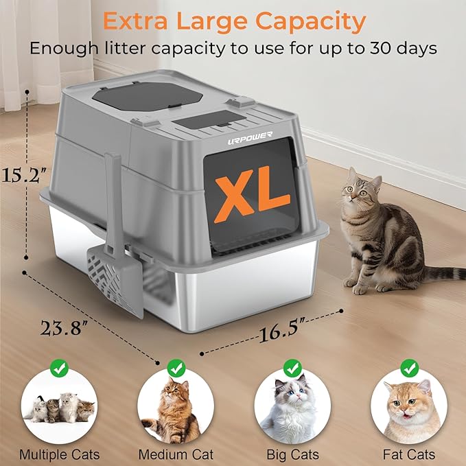 URPOWER Stainless Steel Cat Litter Box with Lid 110° Flip-Top Extra Large Enclosed Litter Box Non-Sticky Metal Pan with High Sided & Scoop, Odor Free, Front & Top Entry, Anti-Leakage, Easy Cleaning