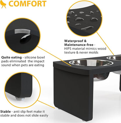 Elevated Dog Bowls, Waterproof Raised Dog Bowl for Medium Dogs, HIPS Poly Lumber Stand with 2 Stainless Steel Bowls, Indoor & Outdoor Use (7'' Tall-40 oz Bowl, Black)
