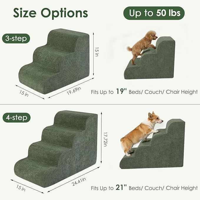 Dog Stairs for Bed 15" H, 3-Step Dog Ramp for Aged and Injured Dogs, Up to 50 Lbs Foam Pet Stairs for Small Dogs and Cats to Get on Couch or Chair, Non-Slip, Steady, Washable Cover, Green