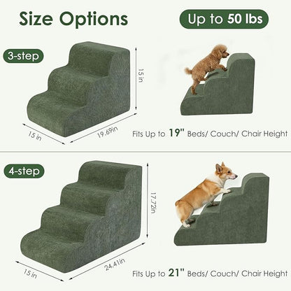 Dog Stairs for Bed 15" H, 3-Step Dog Ramp for Aged and Injured Dogs, Up to 50 Lbs Foam Pet Stairs for Small Dogs and Cats to Get on Couch or Chair, Non-Slip, Steady, Washable Cover, Green