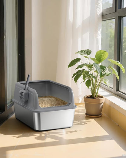 Stainless Steel Cat Litter Box, Metal Litter Box with Scoop, High- Sided, Anti-Leakage Top Entry, Non-Sticky, Easy to Clean, 8-Inch Splash-Proof Deep Pan, Grey, XXL (1 Pack)