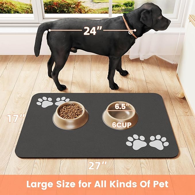 Pet Feeding Mat-Absorbent Pet Placemat for Food and Water Bowl, Dog Food Mat with Waterproof Rubber Backing, No Stains Quick Dry Water Dispenser Mat for Dog and Cat, Dark Gray-17"x27"