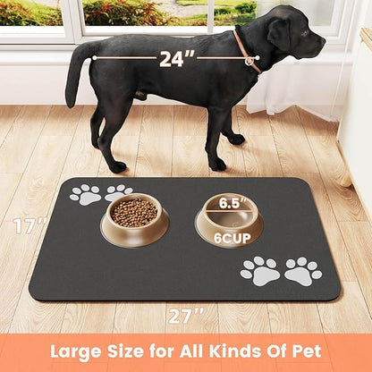 Pet Feeding Mat-Absorbent Pet Placemat for Food and Water Bowl, Dog Food Mat with Waterproof Rubber Backing, No Stains Quick Dry Water Dispenser Mat for Dog and Cat, Dark Gray-17"x27"