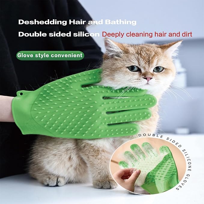 YOFANG Double-Side Pet Hair Removal Gloves for Dogs & Cats,Cat Bite-Proof Gloves Massage and Feeding,4-in-1 Deep Cleaning and Deshedding Brush & Washing Mitt,Suit for Short/Long Hair Pets, (Green)