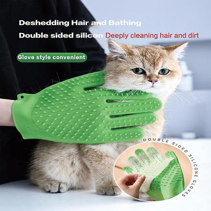 YOFANG Double-Side Pet Hair Removal Gloves for Dogs & Cats,Cat Bite-Proof Gloves Massage and Feeding,4-in-1 Deep Cleaning and Deshedding Brush & Washing Mitt,Suit for Short/Long Hair Pets, (Green)