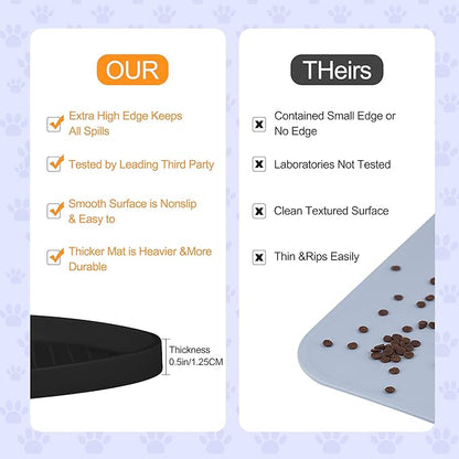100% Waterproof 0.5" Raised Edge BPA Free Silicone Dog Food Mat, Pet Cat Feeding Mats Contain Spills Protects Floors, Placemats for Cats and Dogs Water Bowl Dishwasher. (Small, Black)