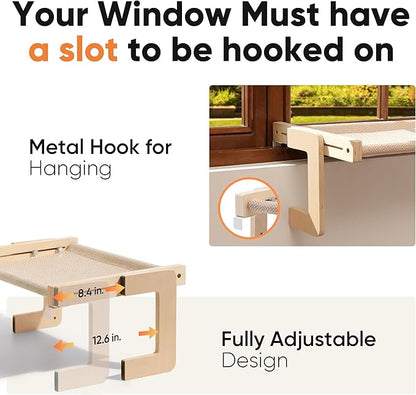 FUKUMARU Cat Window Perch, Transformable Cat Hammock for Windowsill and Floor, Cats Window Bed for Large Cats and Kittens, Reinforced Wood and Metal Frame, Easy to Adjust & Assemble Pet Pech Beds