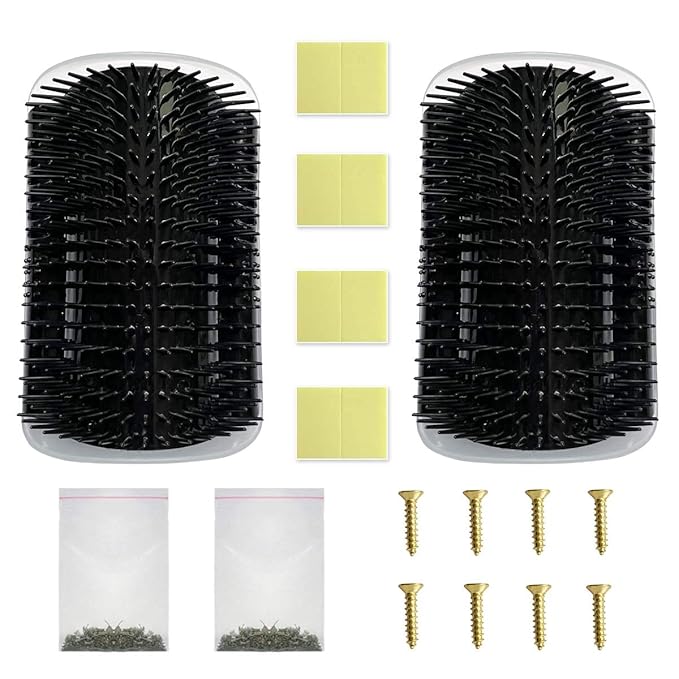 2 Pack Black Catnip Wall Massage Corner Brush for Long & Short Fur Cats and Kittens - Self Groomer Scratcher with Soft Comb