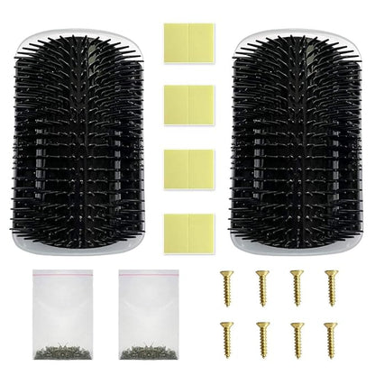 2 Pack Black Catnip Wall Massage Corner Brush for Long & Short Fur Cats and Kittens - Self Groomer Scratcher with Soft Comb