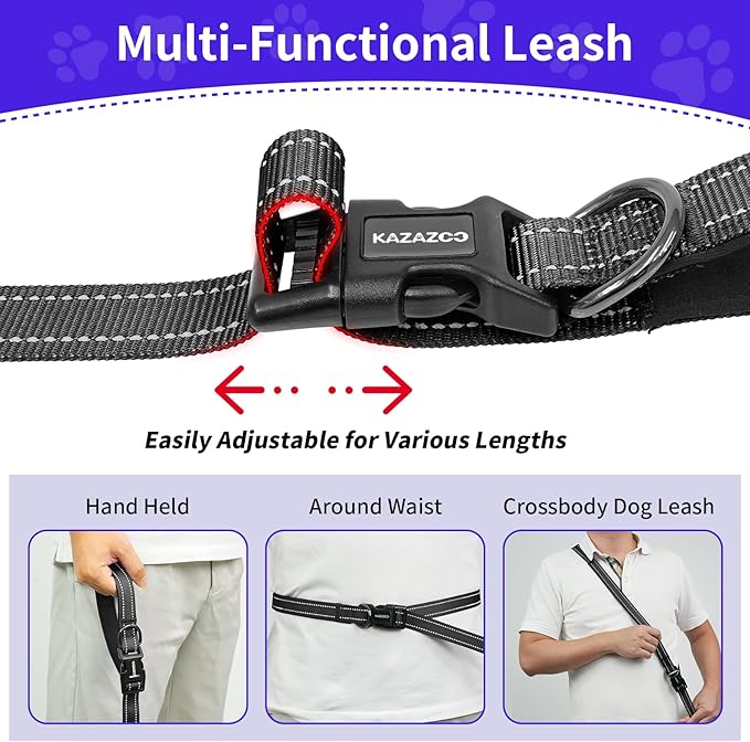 Kazazoo Hands-Free Dog Leash with Adjustable Length 5.5-8.5FT + Dual Padded Handles Reflective Safety for Walking, Jogging & Training | Suitable for Medium to Large Dogs & Puppies M Size Black