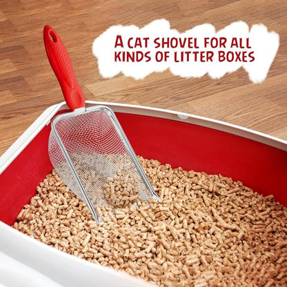 Cat Litter Scoop - Long Handle Scooper, Rustproof Stainless Steel Mesh, Non-Slip Grip, Deep Shovel Sifter for All Litter Types, Easy Clean Kitty Waste Litter for Litter Box(Red)