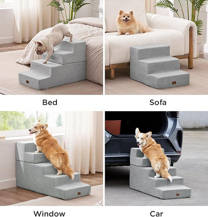 Made4Pets Dog Steps for Bed, Extra Wide Dog Stairs for High Bed Couch Sofa, 35D Foam Pet Steps for Small Dogs and Cats(Up to 40lbs), Non-Slip Bottom Pet Stairs, Light Grey, 4 Steps