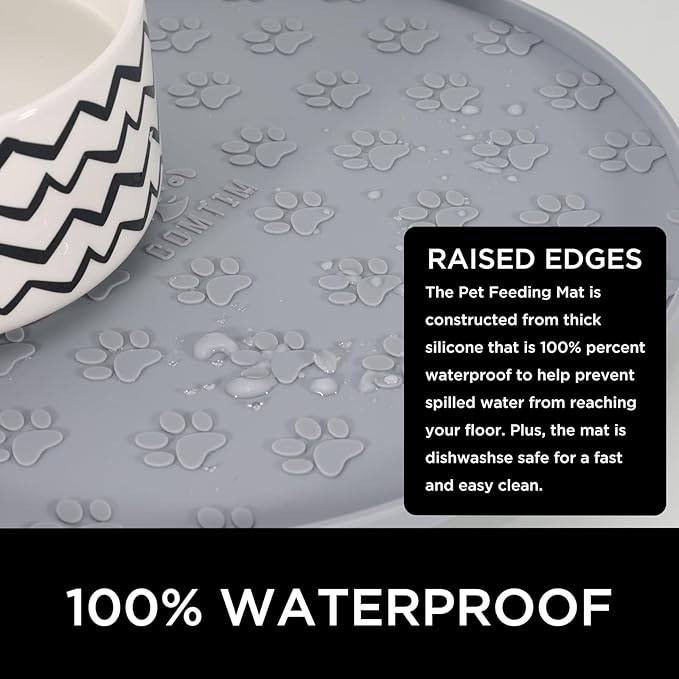 Comtim Waterproof Dog Food Mat - 2 Pack Silicone Pet Food Mat Dog Food Bowl Mats Cat Water Mats Eating Tray, Non-Slip Pet Placemat with Lip for Messy Drinkers to Protect Floor,Light Grey 11"