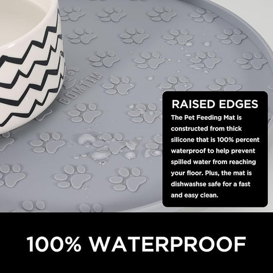 Comtim Waterproof Dog Food Mat - 2 Pack Silicone Pet Food Mat Dog Food Bowl Mats Cat Water Mats Eating Tray, Non-Slip Pet Placemat with Lip for Messy Drinkers to Protect Floor,Light Grey 11"