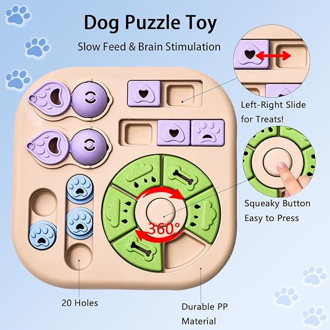Dog Puzzle Toys, 4-in-1 Interactive Dog Toys for Boredom, Treat Dispensing Slow Feeder for Mental Stimulation, Enrichment Toy for Smart & Beginner Dogs, Khaki