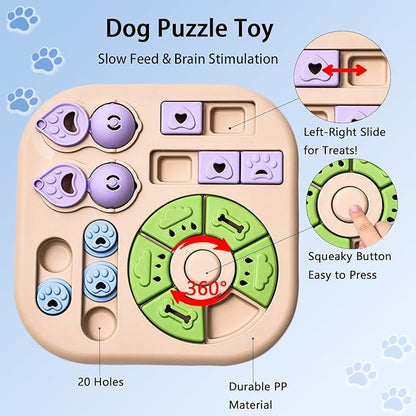 Dog Puzzle Toys, 4-in-1 Interactive Dog Toys for Boredom, Treat Dispensing Slow Feeder for Mental Stimulation, Enrichment Toy for Smart & Beginner Dogs, Khaki