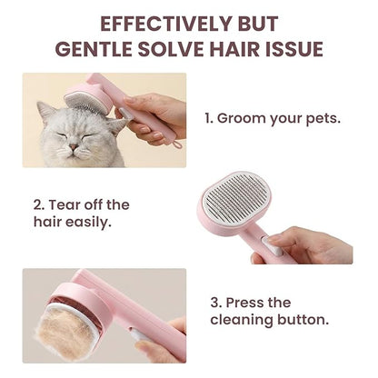Cat Brush Self Cleaning Pink, Ergonomic Handle Slicker Brush with Release Button, Pet Hair Remover for Cats and Dogs Loose Undercoat
