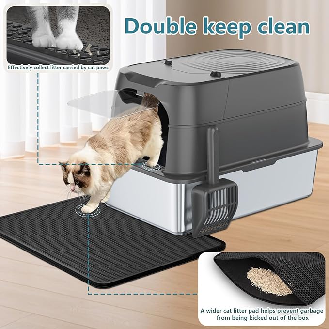 XXXL Jumbo Stainless Steel Litter Box with Lid, 26" L x 18" W x 17" H Extra Large Stainless Steel Litter Box, 400 Count Cat Poop Bags + Cat Litter Mat,Non-Sticky, Anti-Leakage, Easy to Clean