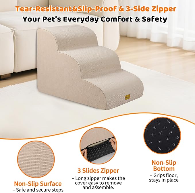 Gimars 30D High-Density Foam & Extra-Wide, Stable 3-Step Dog Stairs, 40cm High Pet Stairs with Washable Cover & Non-Slip Base, Portable Ramp for Small Dogs to Sofa, Bed, Couch, Car