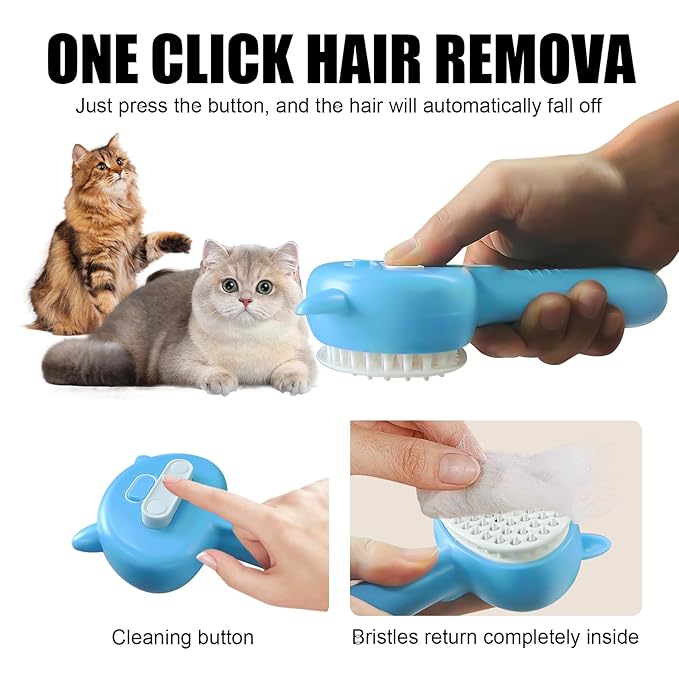 4-in-1 Pet Steam Brush With Handle for Longhair & Shorthair Cats & Dogs - Rubber Spray Brush With Release Button, Dog Comb and Cleaner (Pink)