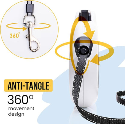 Award-Winning Retractable Dog Leash for Large and Extra Large Dogs (Max 110 lbs) Clip & Go System, Reflective Tape and Ergonomic Handle Includes Clips Poop Bag Holder and Dispenser, White