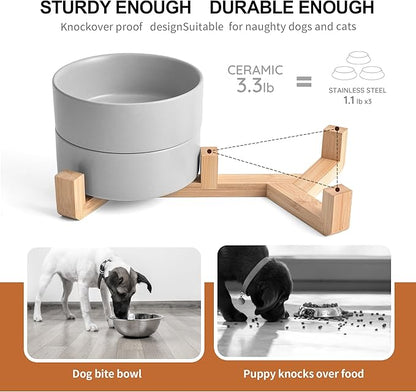 Kimdio Ceramic Dog Bowls with Wood Stand, 13.5OZ Pet Bowls Set of 2 for Medium Small Dogs and Cats - Non-Slip Base Cute Pet Food & Water Basic Bowls Glaze Matte-Grey
