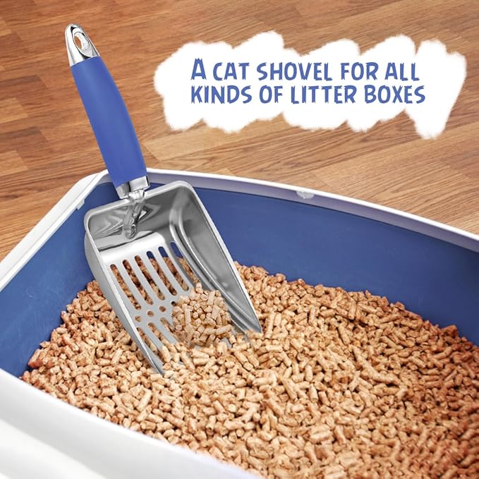 Cat Litter Scoop - Metal Cat Litter Scoop - Stainless Steel Scoop for Cats - Sturdy Metal Mesh - Rubber Handle - Easy to Clean, Suitable for Cat Litter Boxes (Blue)